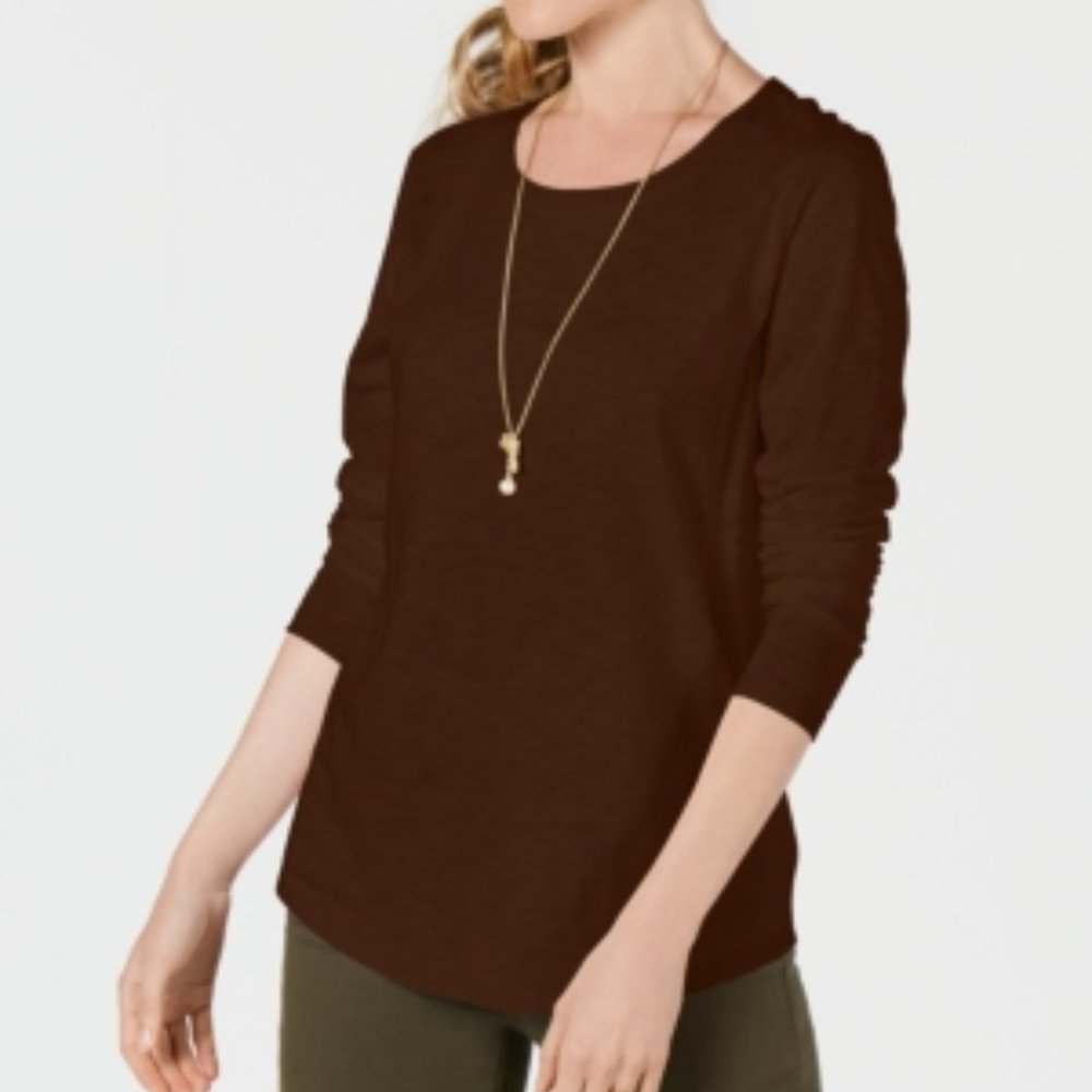 Style & Co Brown Long-Sleeve Crewneck Top Small